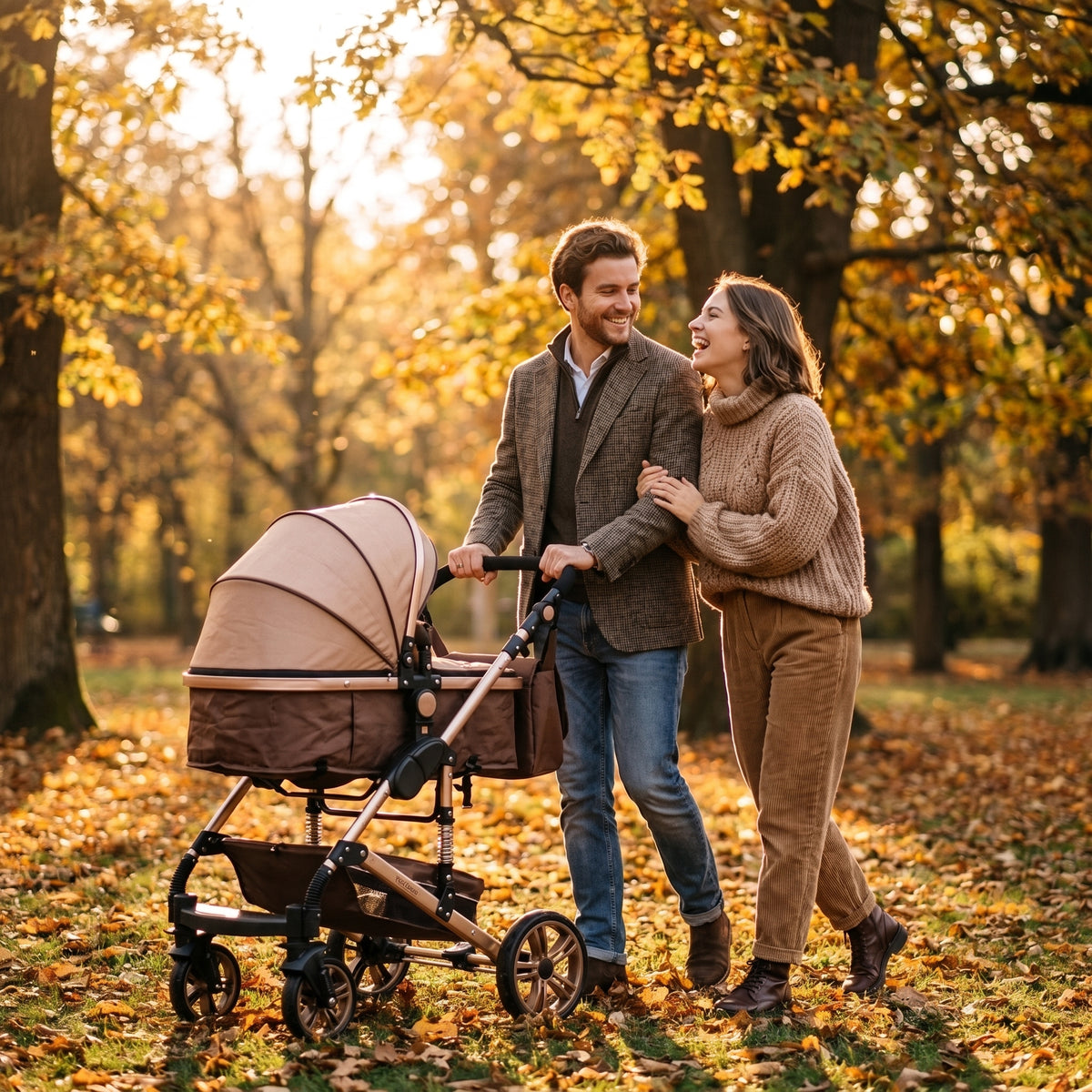 Couple souriant marchant en forêt en automne avec une poussette 3-en-1 marron en mode nacelle