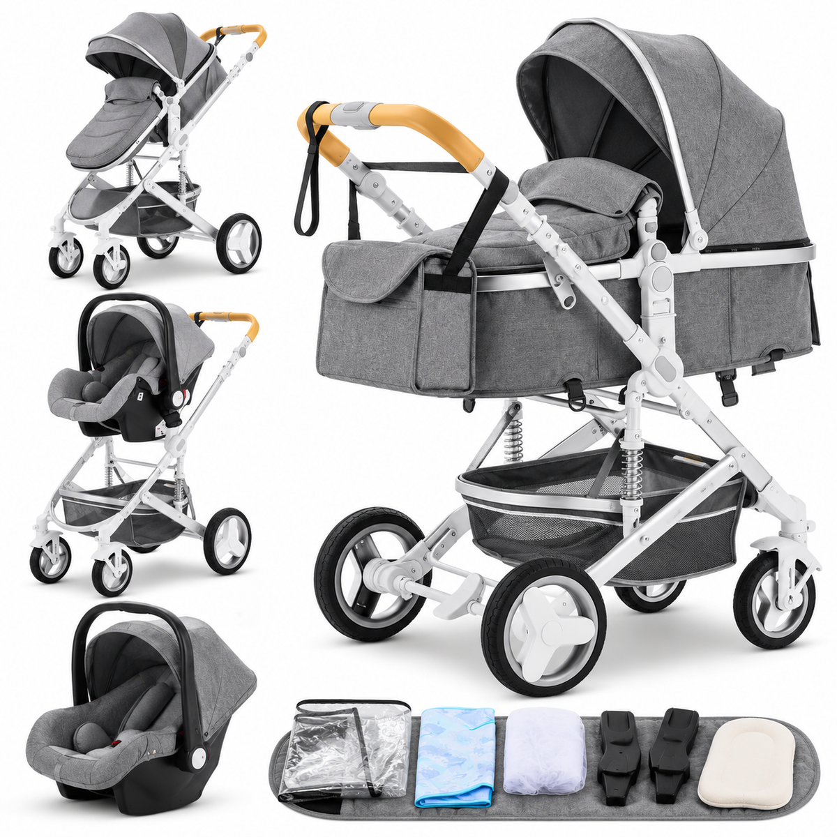 Poussette 3 en 1 Essentielle Amande grise : nacelle, assise et cosy sur châssis blanc, accessoires, fond blanc