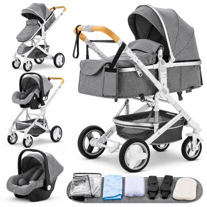 Poussette 3 en 1 Essentielle Amande grise : nacelle, assise et cosy sur châssis blanc, accessoires, fond blanc