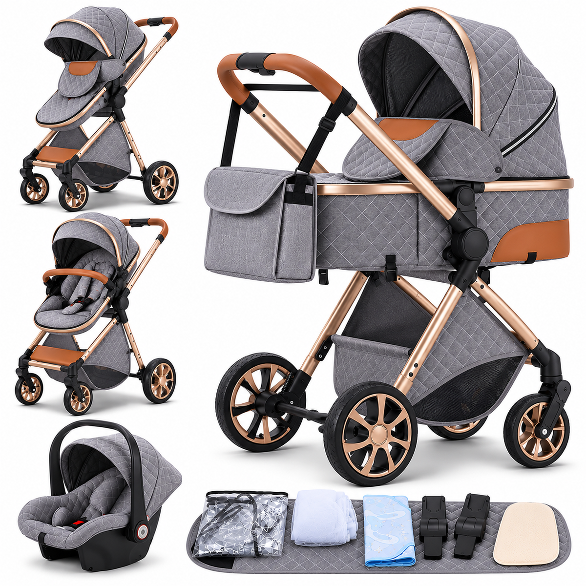 Poussette 3 en 1 Essentielle Azur grise matelassée : nacelle, assise et cosy sur châssis doré, accessoires, fond blanc
