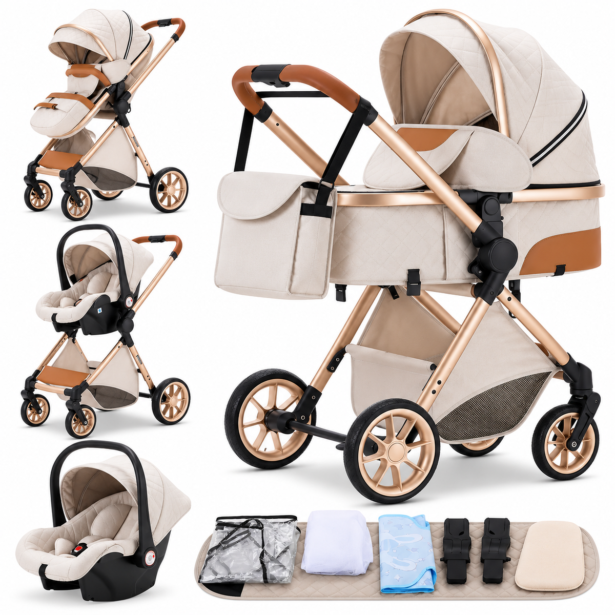 Poussette 3 en 1 Essentielle Ivoire : nacelle, assise et cosy ivoire sur châssis doré, accessoires inclus, fond blanc