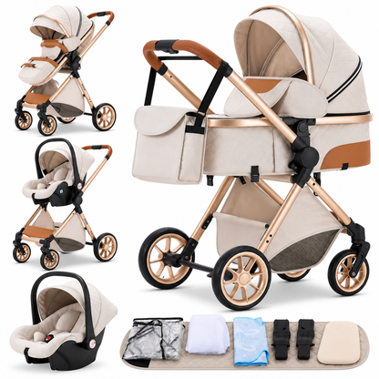 Poussette 3 en 1 Essentielle Ivoire : nacelle, assise et cosy ivoire sur châssis doré, accessoires inclus, fond blanc
