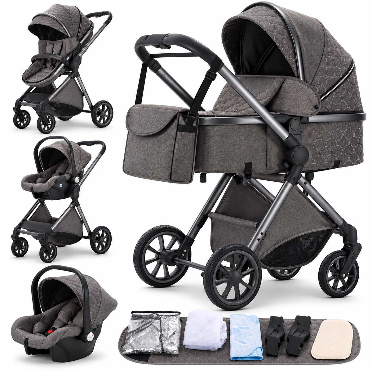Poussette 3 en 1 Essentielle Noisette présentée en gris foncé : nacelle, assise et cosy sur châssis noir, fond blanc