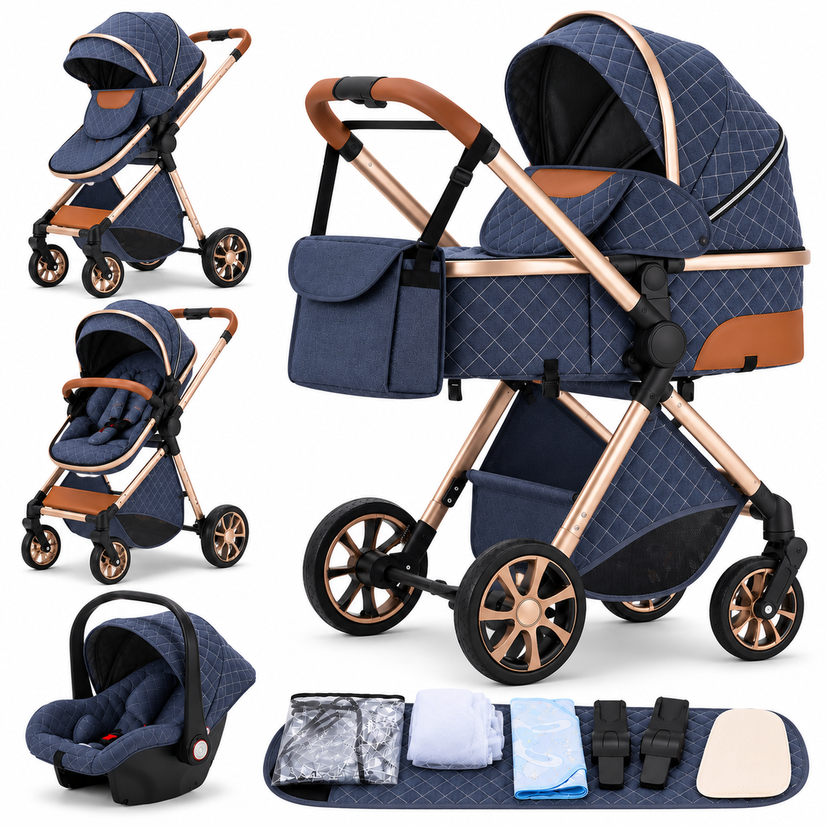 Poussette 3 en 1 Essentielle Azur bleue matelassée : nacelle, assise et cosy sur châssis doré, accessoires, fond blanc