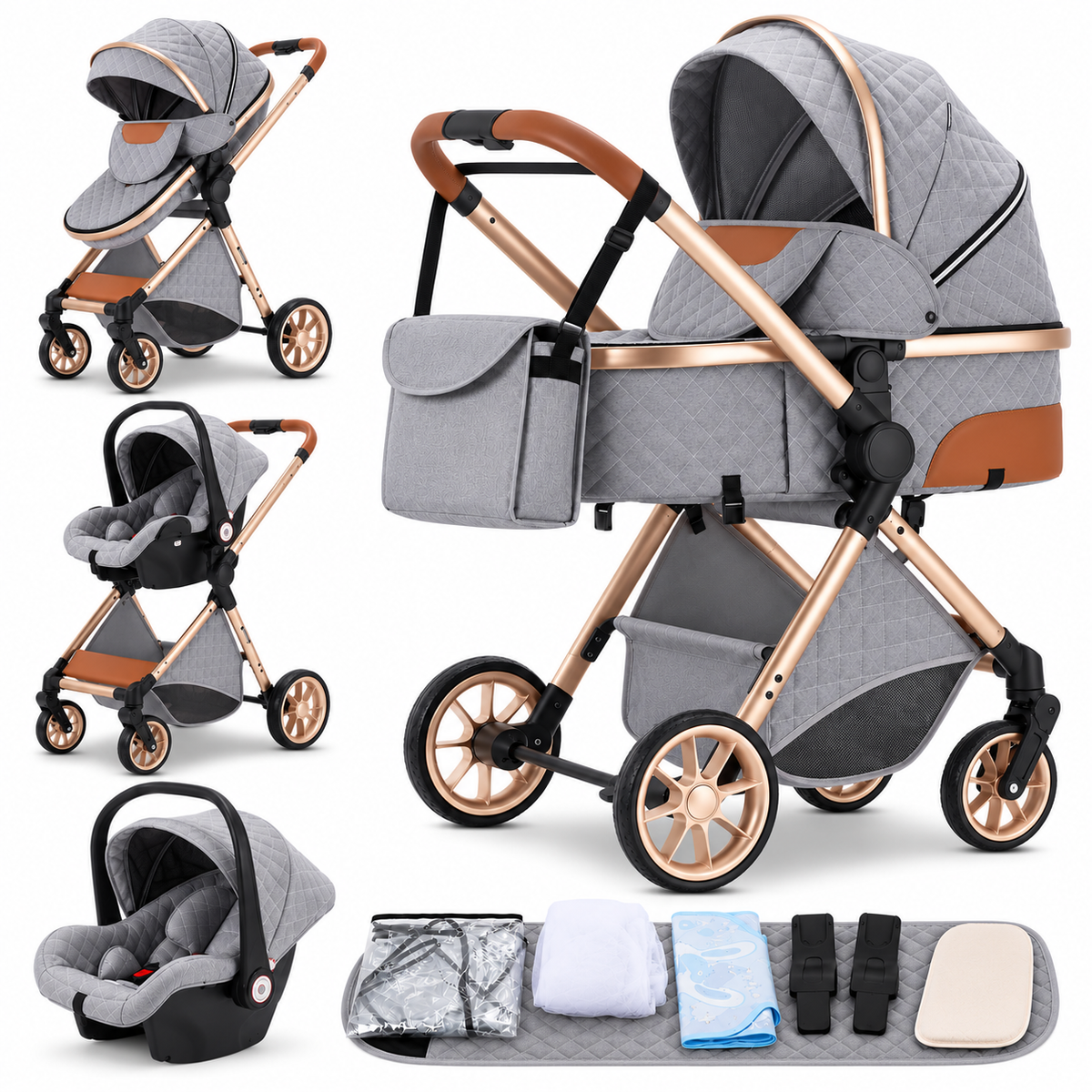 Poussette 3 en 1 Essentielle Granit grise matelassée : nacelle, assise et cosy sur châssis doré, accessoires, fond blanc