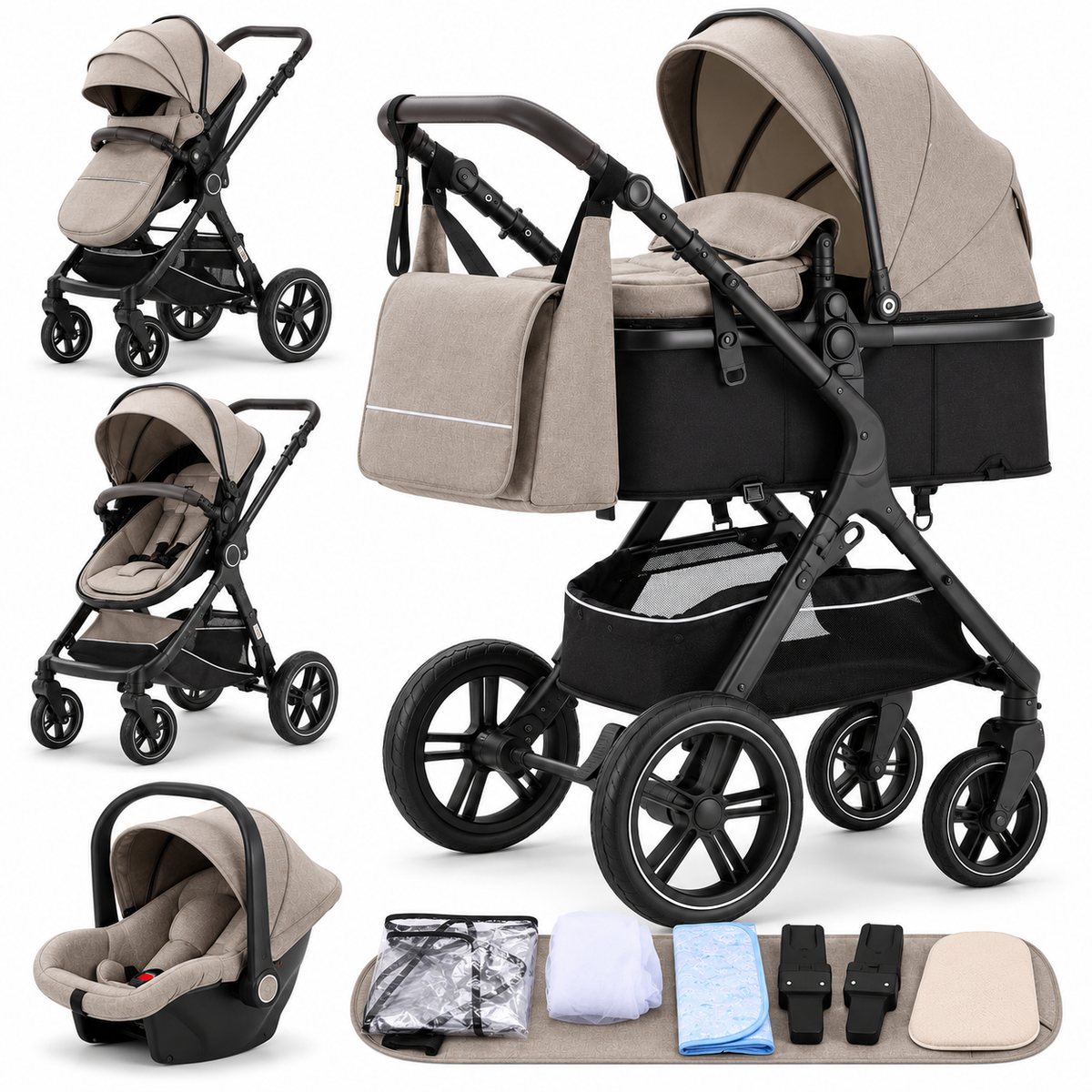 Poussette 3 en 1 Héritage kaki beige : nacelle, assise et cosy sur châssis noir, accessoires inclus, fond blanc