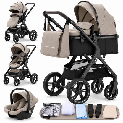 Poussette 3 en 1 Héritage kaki beige : nacelle, assise et cosy sur châssis noir, accessoires inclus, fond blanc