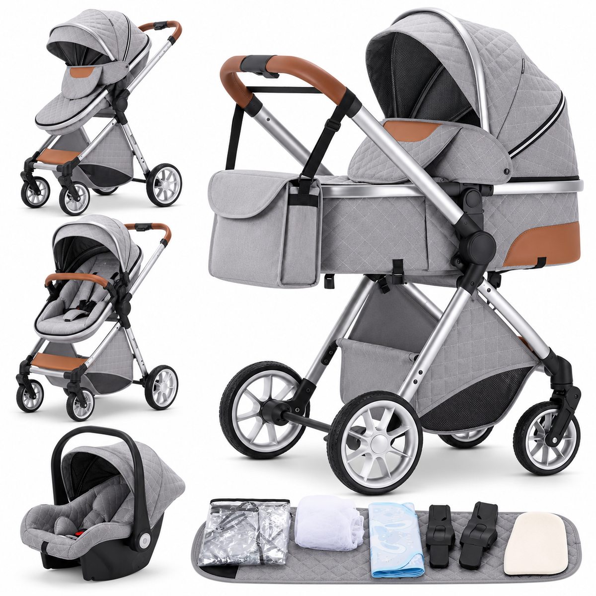 Poussette 3 en 1 Essentielle Granit gris clair : nacelle, assise et cosy sur châssis chromé, accessoires, fond blanc