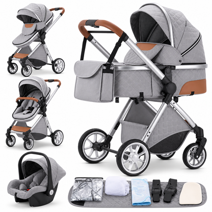 Poussette 3 en 1 Essentielle Granit gris clair : nacelle, assise et cosy sur châssis chromé, accessoires, fond blanc