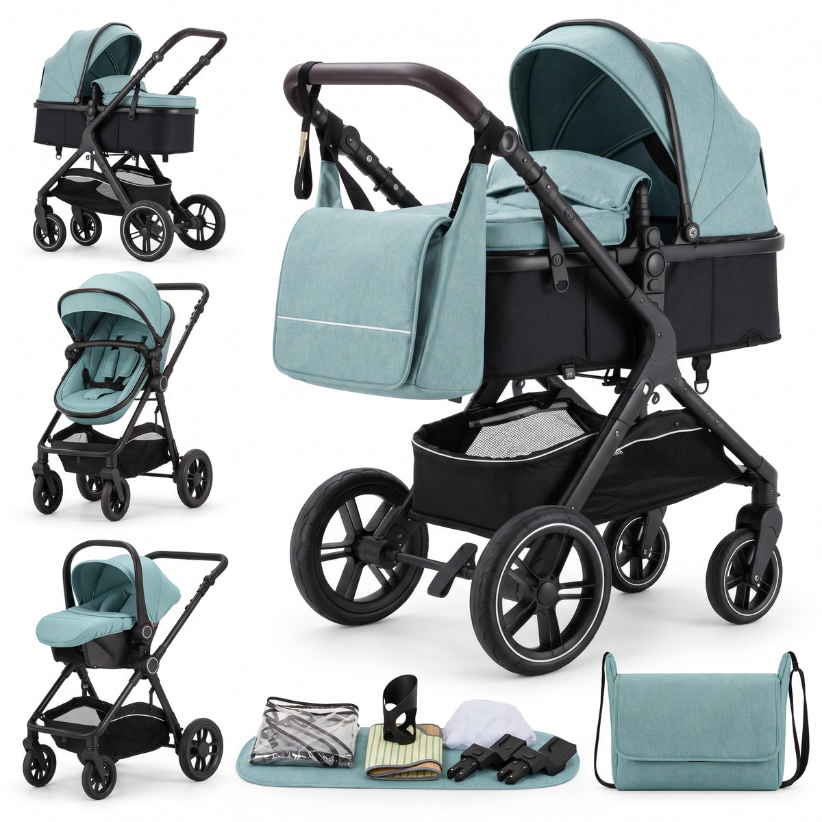 Poussette 3 en 1 Héritage bleu menthe : nacelle, assise et cosy sur châssis noir, sac à langer et accessoires, fond blanc