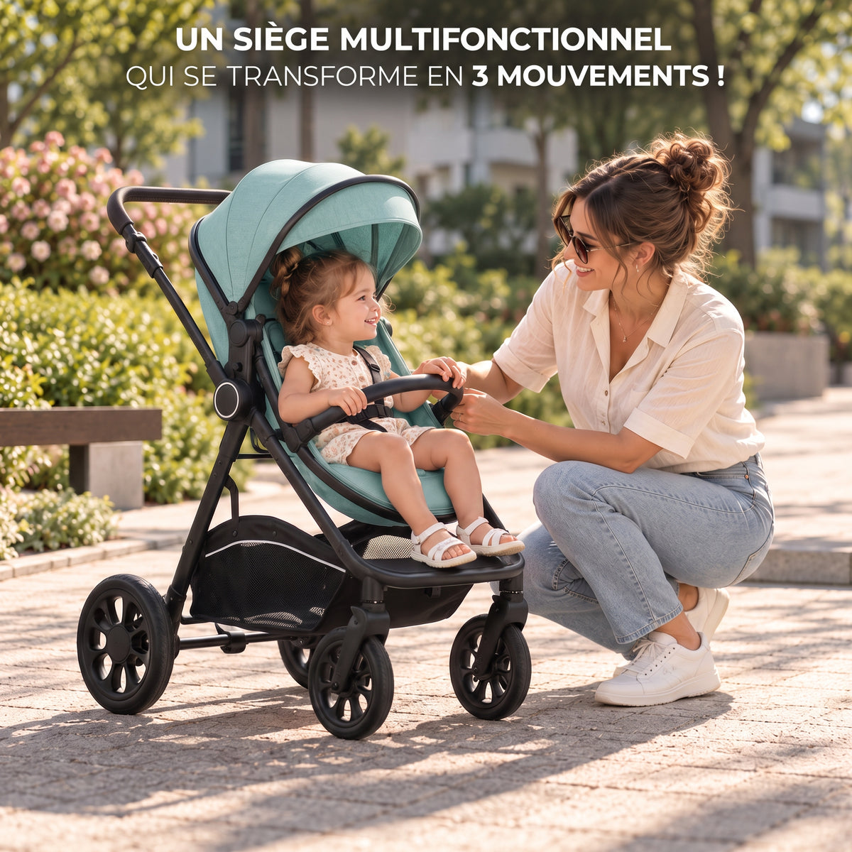 Poussette 3 en 1 Héritage bleu menthe en mode assise, enfant assis face à sa maman accroupie dans un parc