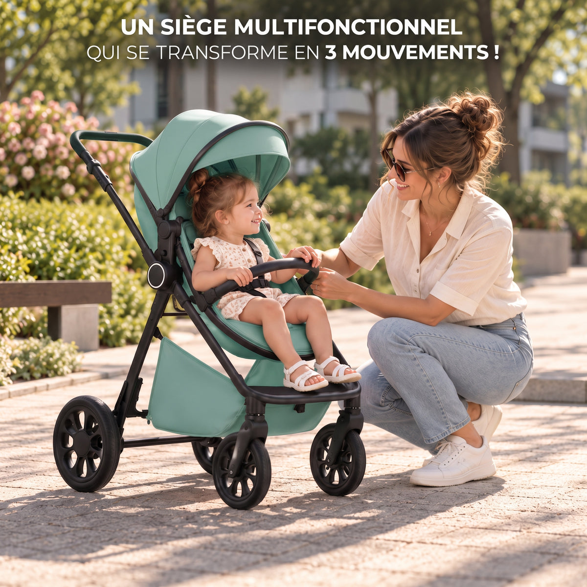 Poussette 3 en 1 Signature Camille vert émeraude en mode assise, enfant assis face à sa maman accroupie dans un parc