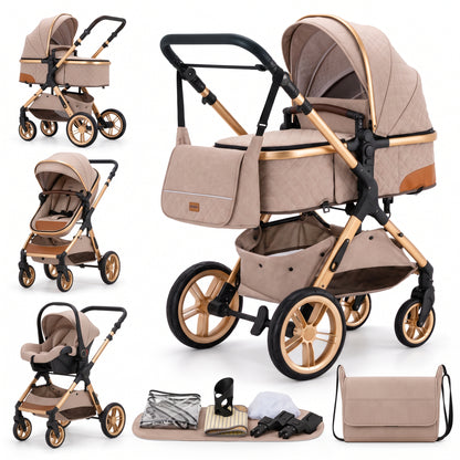 Poussette 3 en 1 Essentielle Kaki beige : nacelle, assise et cosy sur châssis doré, sac à langer et accessoires, fond blanc