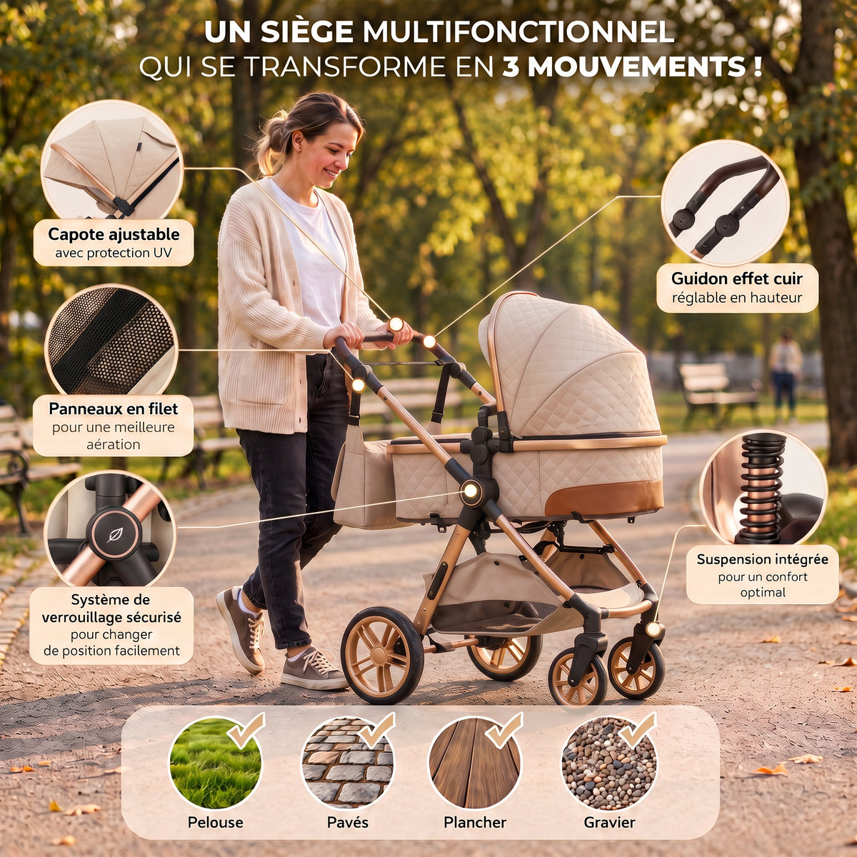 Maman poussant la poussette 3 en 1 Essentielle Kaki beige avec nacelle dans un parc, zooms sur capote, guidon et suspension