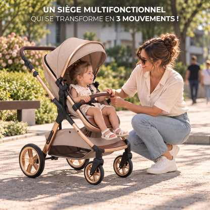 Poussette 3 en 1 Essentielle Kaki beige en mode assise, enfant assis face à sa maman accroupie dans un parc