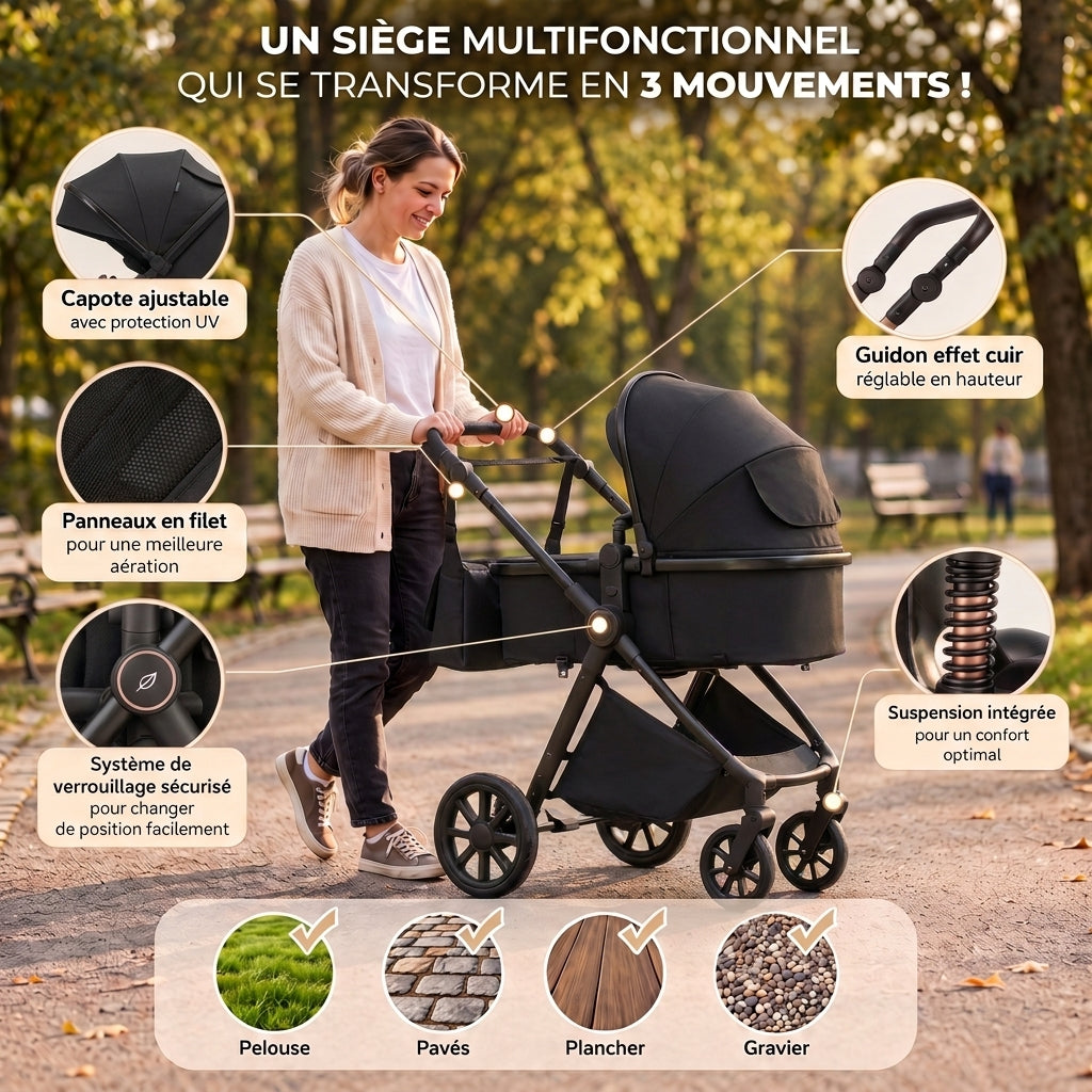 Maman poussant la poussette 3 en 1 Signature noire avec nacelle dans un parc, zooms sur capote, guidon et suspension