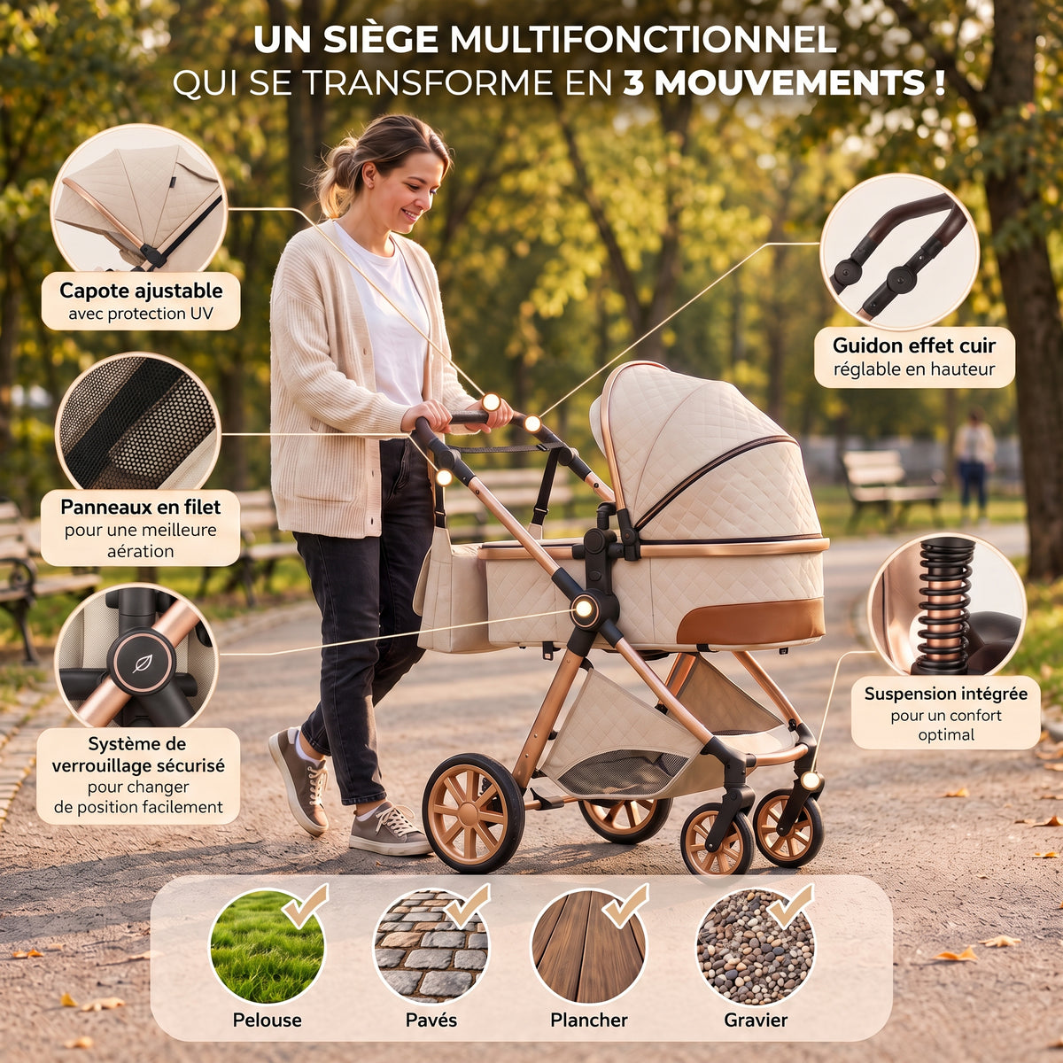 Maman poussant la poussette 3 en 1 Couture crème avec nacelle dans un parc, zooms sur capote, guidon et suspension