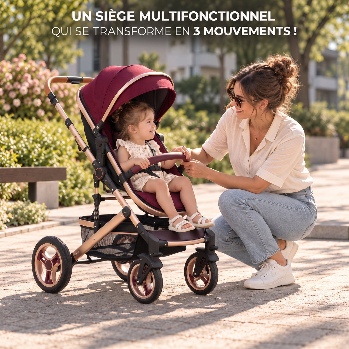 Poussette 3 en 1 Essentielle Corail rouge bordeaux en mode assise, enfant assis face à sa maman accroupie dans un parc