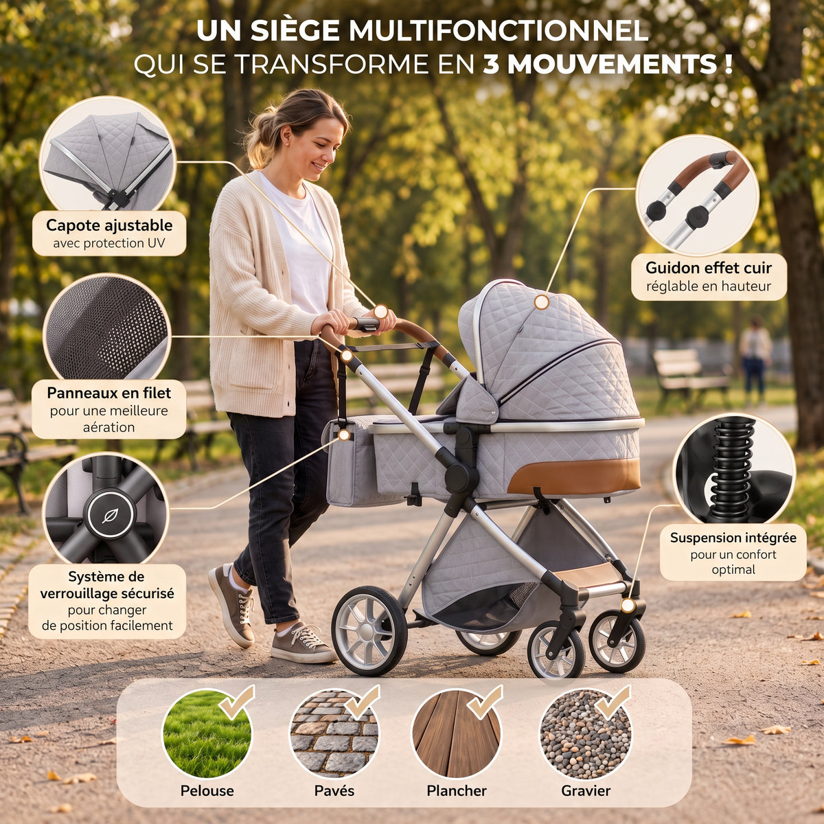Maman poussant la poussette 3 en 1 Épure Brume gris clair avec nacelle dans un parc, zooms sur les équipements
