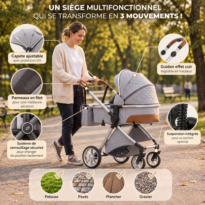 Maman poussant la poussette 3 en 1 Épure Brume gris clair avec nacelle dans un parc, zooms sur les équipements