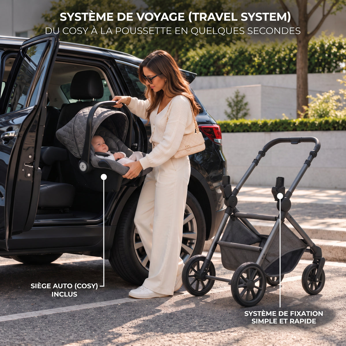 Maman installant un cosy gris foncé dans une voiture, châssis de poussette 3 en 1 Essentielle gris foncé à côté