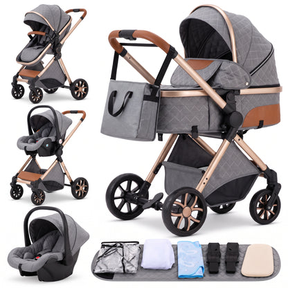 Poussette 3 en 1 Essentielle Ivoire en coloris gris : nacelle, assise et cosy sur châssis doré, accessoires, fond blanc