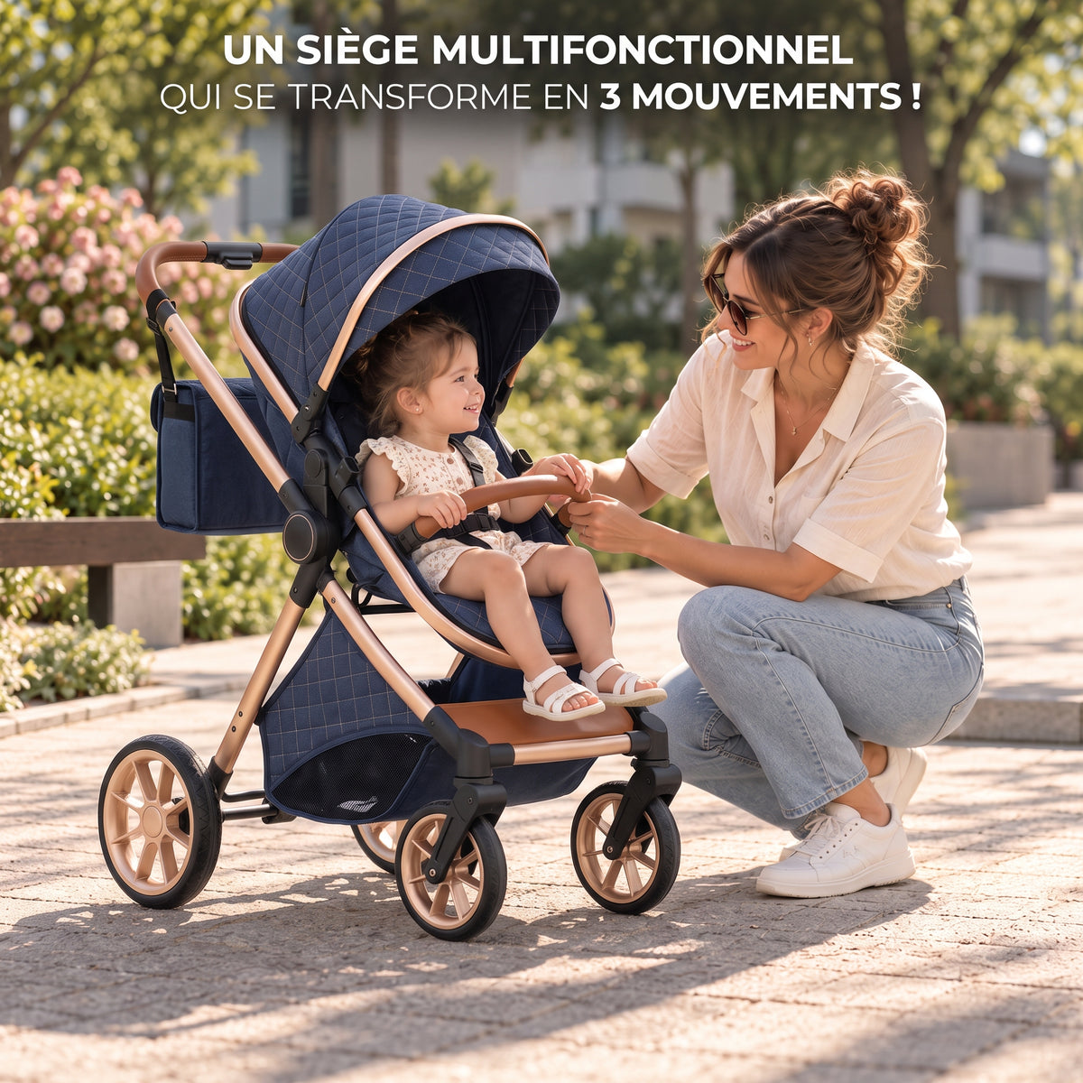 Poussette 3 en 1 Épure bleu marine en mode assise, enfant assis face à sa maman accroupie dans un parc