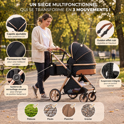 Maman poussant la poussette 3 en 1 Épure Onyx noire avec nacelle dans un parc, zooms sur capote, guidon et suspension