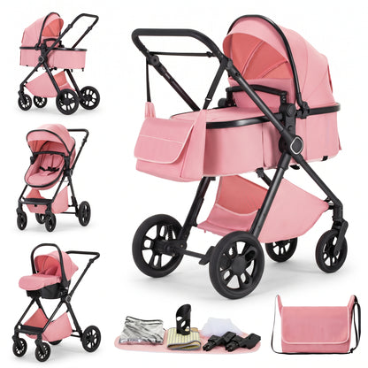 Poussette 3 en 1 Signature Louise rose : nacelle, assise et cosy sur châssis noir, sac à langer et accessoires, fond blanc