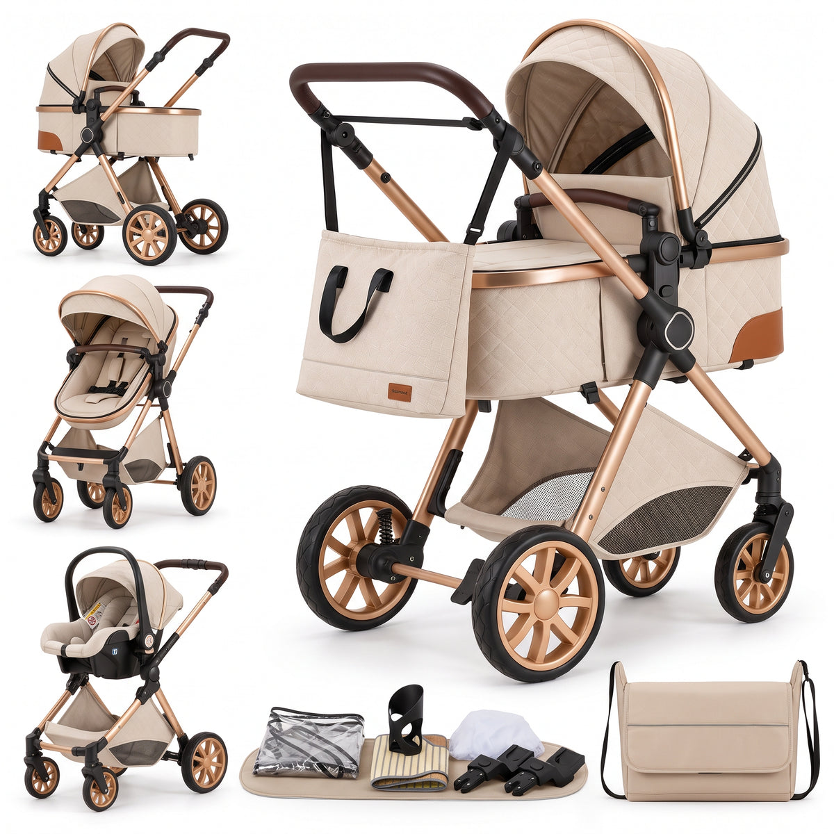 Poussette 3 en 1 Couture crème : nacelle, assise et cosy sur châssis doré, sac à langer et accessoires, fond blanc