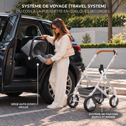Maman installant le cosy gris de la poussette 3 en 1 Essentielle Anthracite dans une voiture, châssis blanc à côté