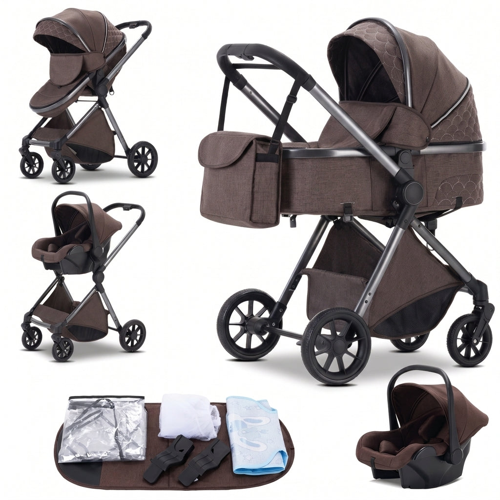 Poussette 3 en 1 Épure Onyx marron chocolat : nacelle, assise et cosy sur châssis gris foncé, accessoires, fond blanc