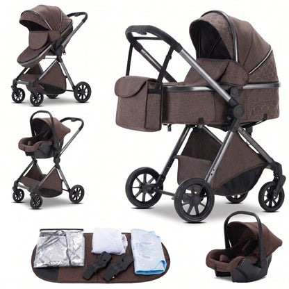 Poussette 3 en 1 Épure Onyx marron chocolat : nacelle, assise et cosy sur châssis gris foncé, accessoires, fond blanc