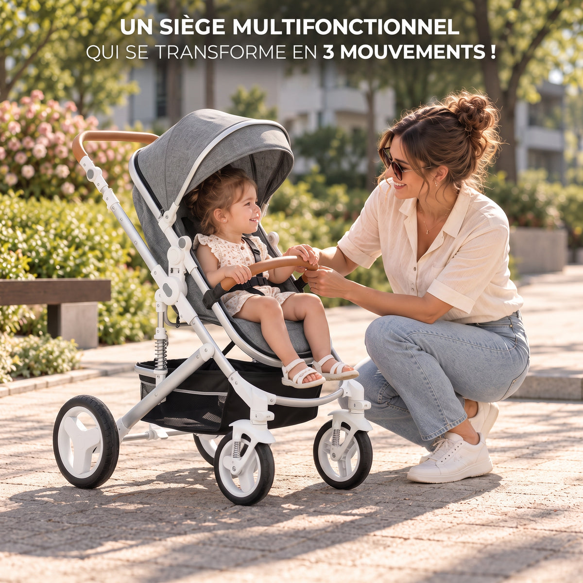 Poussette 3 en 1 Essentielle Anthracite grise sur châssis blanc en mode assise, enfant assis face à sa maman dans un parc