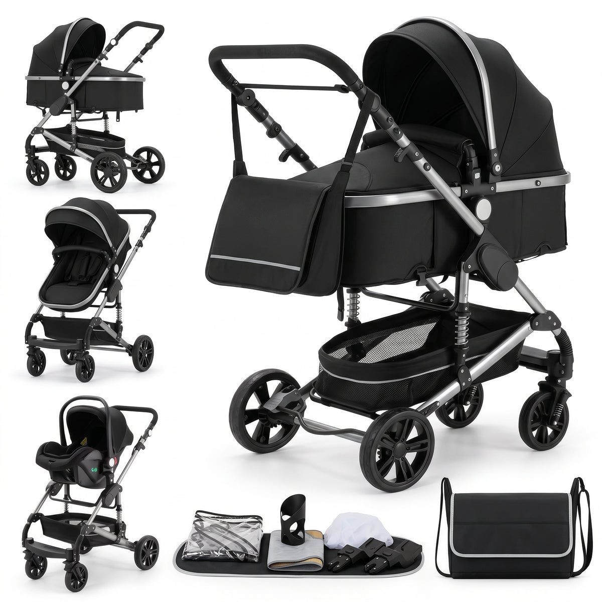 Poussette 3 en 1 Essentielle Prestige noir argenté : nacelle, assise et cosy sur châssis chromé, sac à langer et accessoires