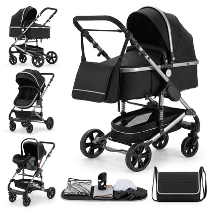 Poussette 3 en 1 Essentielle Prestige noir argenté : nacelle, assise et cosy sur châssis chromé, sac à langer et accessoires