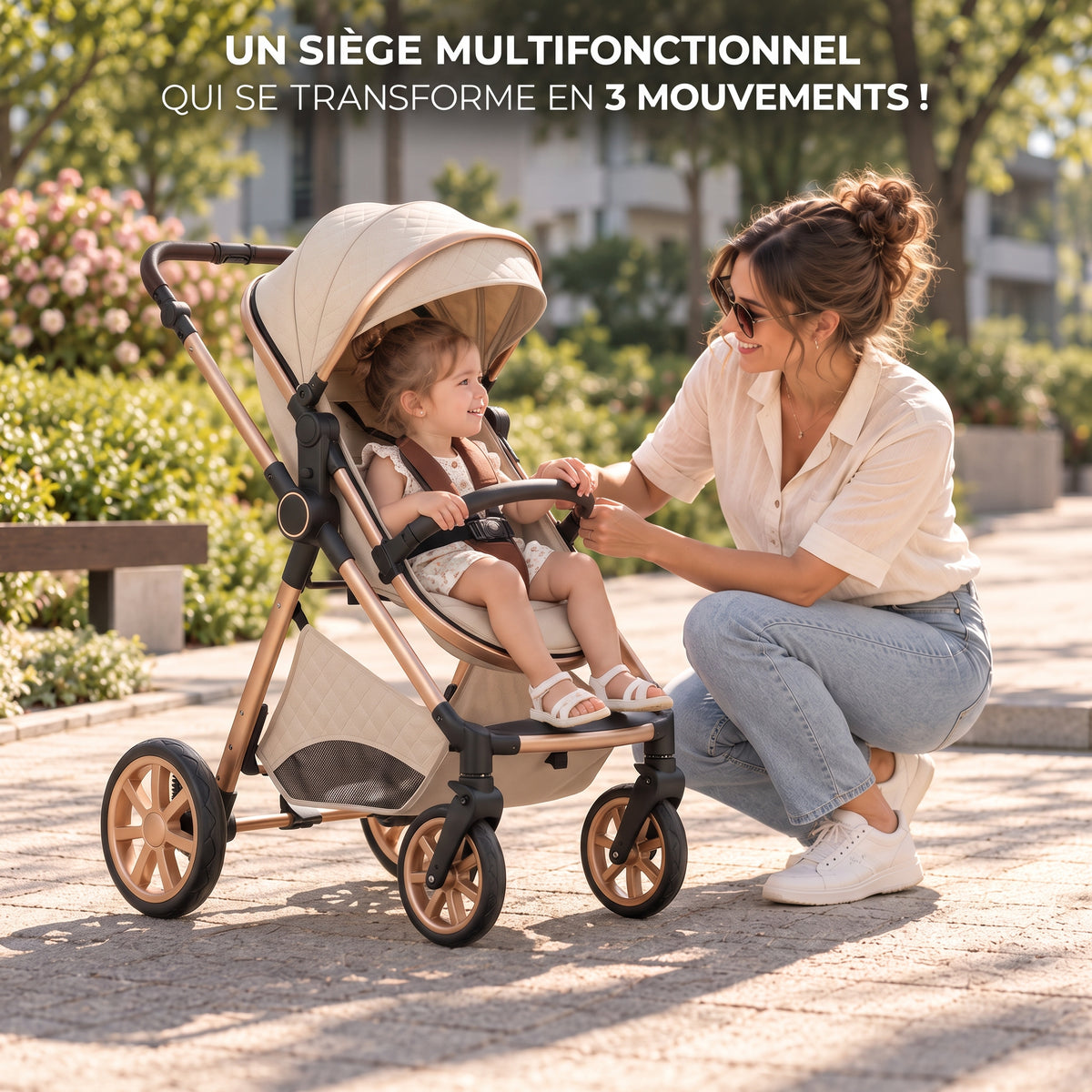 Poussette 3 en 1 Couture crème en mode assise, enfant assis face à sa maman accroupie dans un parc