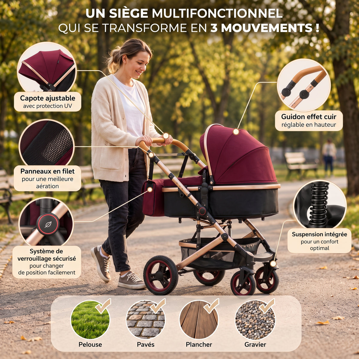 Maman poussant la poussette 3 en 1 Essentielle Corail rouge bordeaux avec nacelle dans un parc, zooms sur les équipements