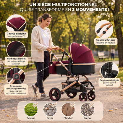 Maman poussant la poussette 3 en 1 Essentielle Corail rouge bordeaux avec nacelle dans un parc, zooms sur les équipements
