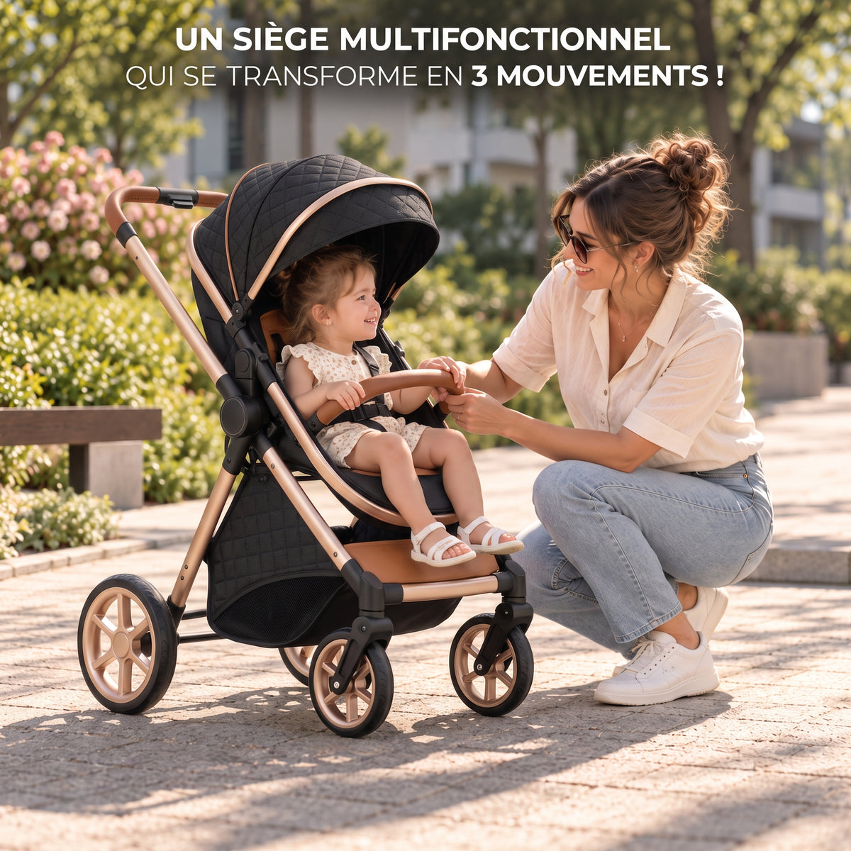 Poussette 3 en 1 Épure Onyx noire en mode assise, enfant assis face à sa maman accroupie dans un parc