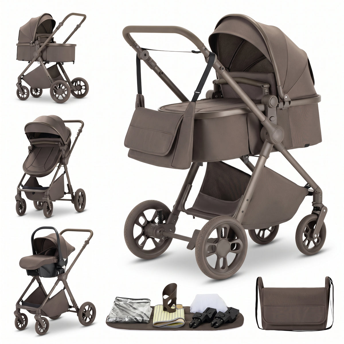 Poussette 3 en 1 Signature Camille marron chocolat : nacelle, assise et cosy sur châssis assorti, sac à langer et accessoires