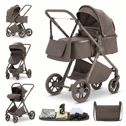 Poussette 3 en 1 Signature Camille marron chocolat : nacelle, assise et cosy sur châssis assorti, sac à langer et accessoires
