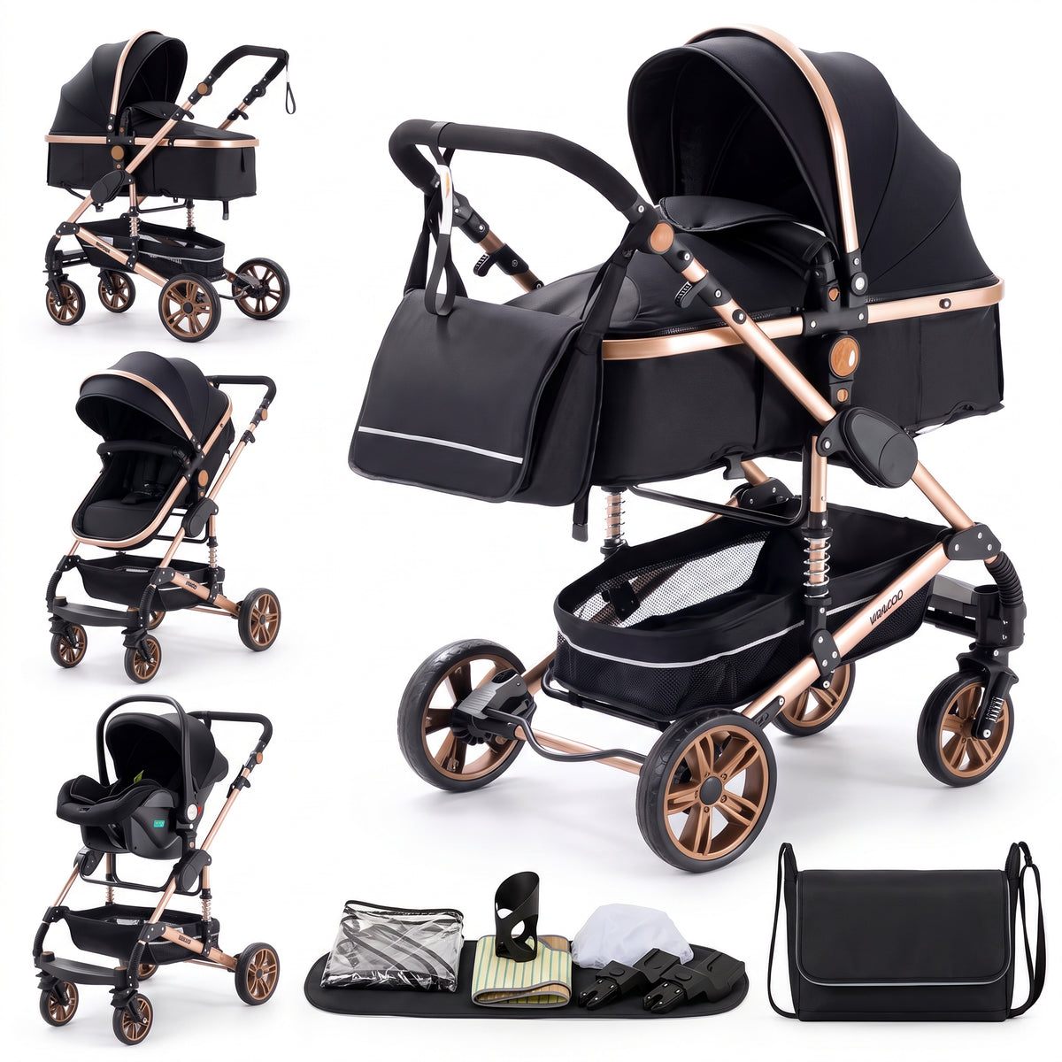 Poussette 3 en 1 Essentielle Prestige noir doré : nacelle, assise et cosy sur châssis doré, sac à langer et accessoires