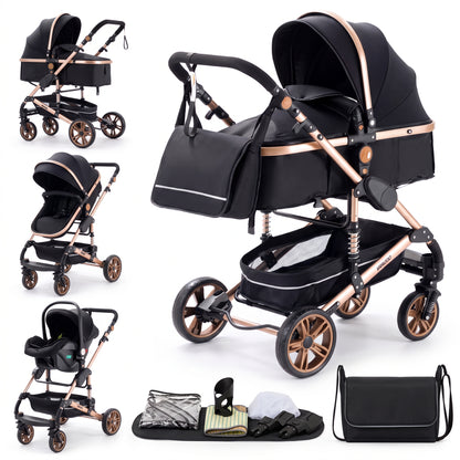 Poussette 3 en 1 Essentielle Prestige noir doré : nacelle, assise et cosy sur châssis doré, sac à langer et accessoires