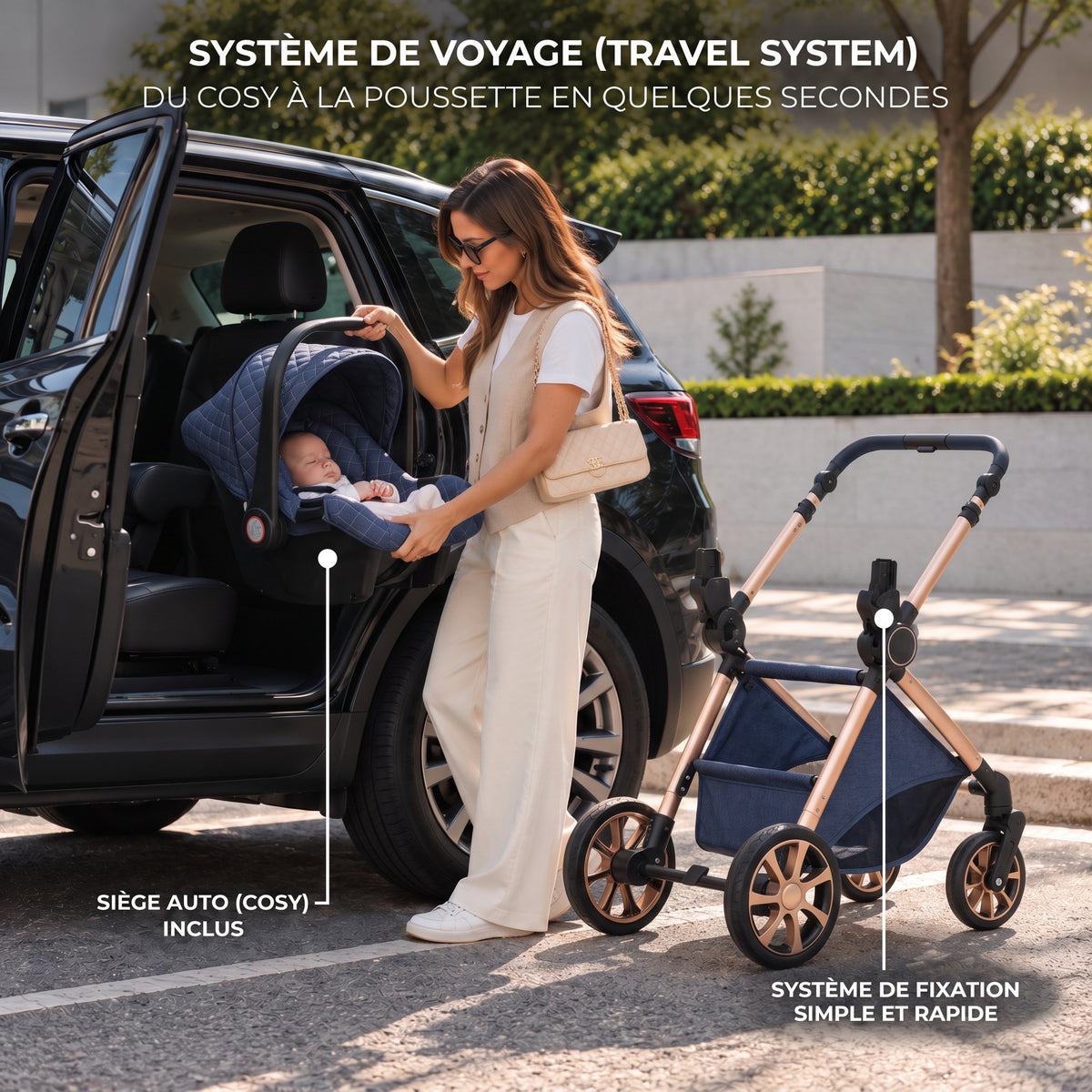 Maman installant le cosy bleu de la poussette 3 en 1 Essentielle Azur dans une voiture, châssis doré à côté
