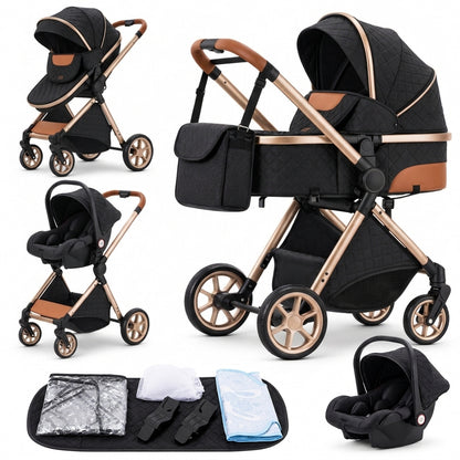 Poussette 3 en 1 Épure Onyx noire matelassée : nacelle, assise et cosy sur châssis doré, accessoires, fond blanc