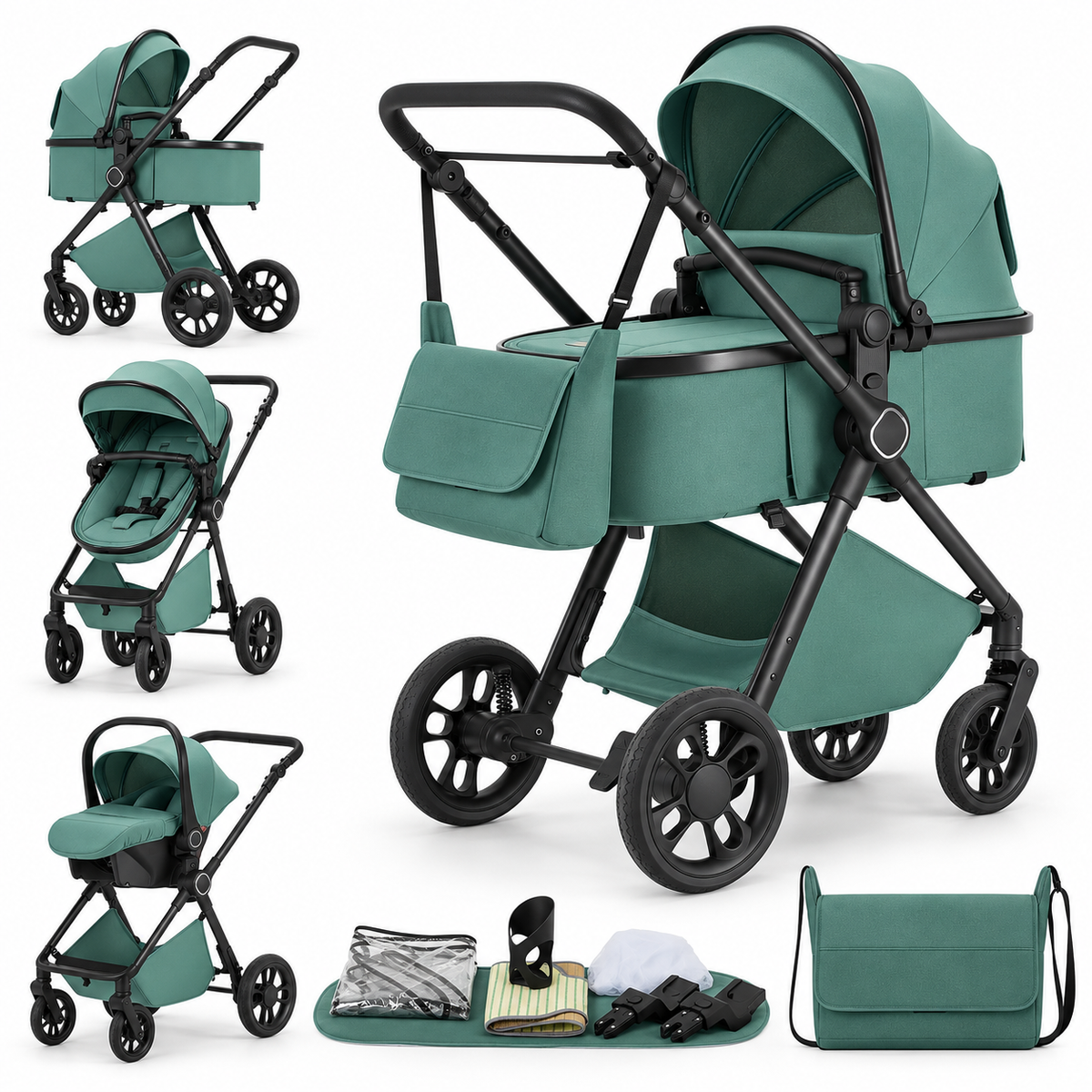 Poussette 3 en 1 Signature Camille vert émeraude : nacelle, assise et cosy sur châssis noir, sac à langer et accessoires
