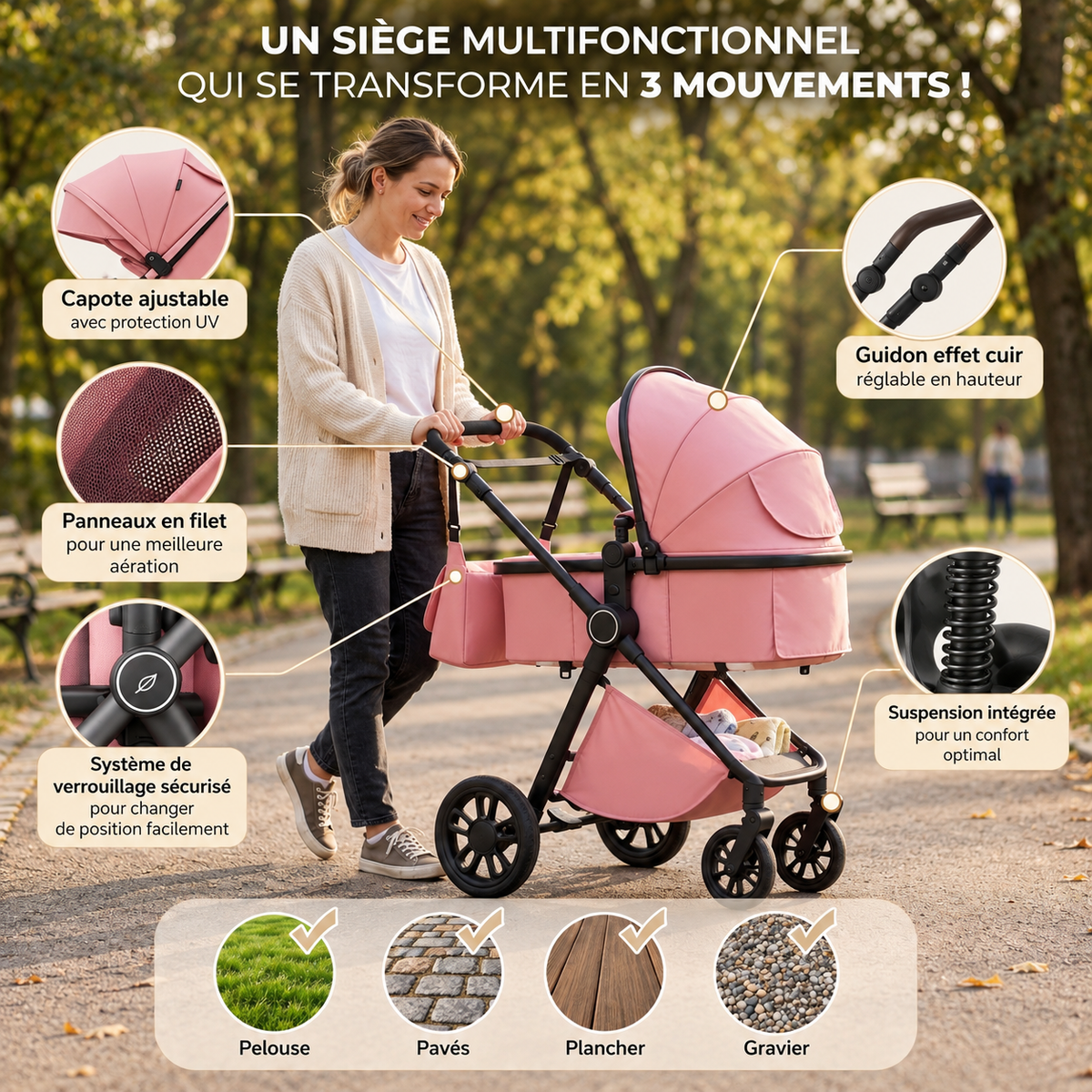 Maman poussant la poussette 3 en 1 Signature Louise rose avec nacelle dans un parc, zooms sur capote, guidon et suspension