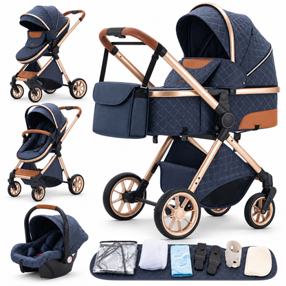 Poussette 3 en 1 Épure bleu marine matelassée : nacelle, assise et cosy sur châssis doré, accessoires, fond blanc