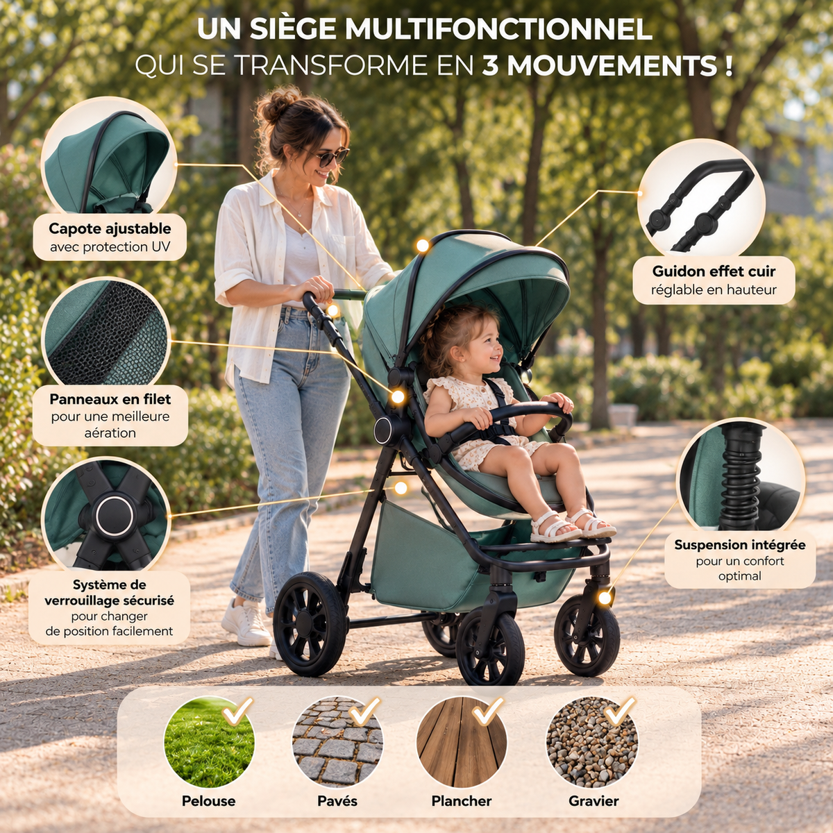 Maman poussant la poussette 3 en 1 Héritage bleu menthe en mode assise avec enfant, zooms sur capote, guidon et suspension